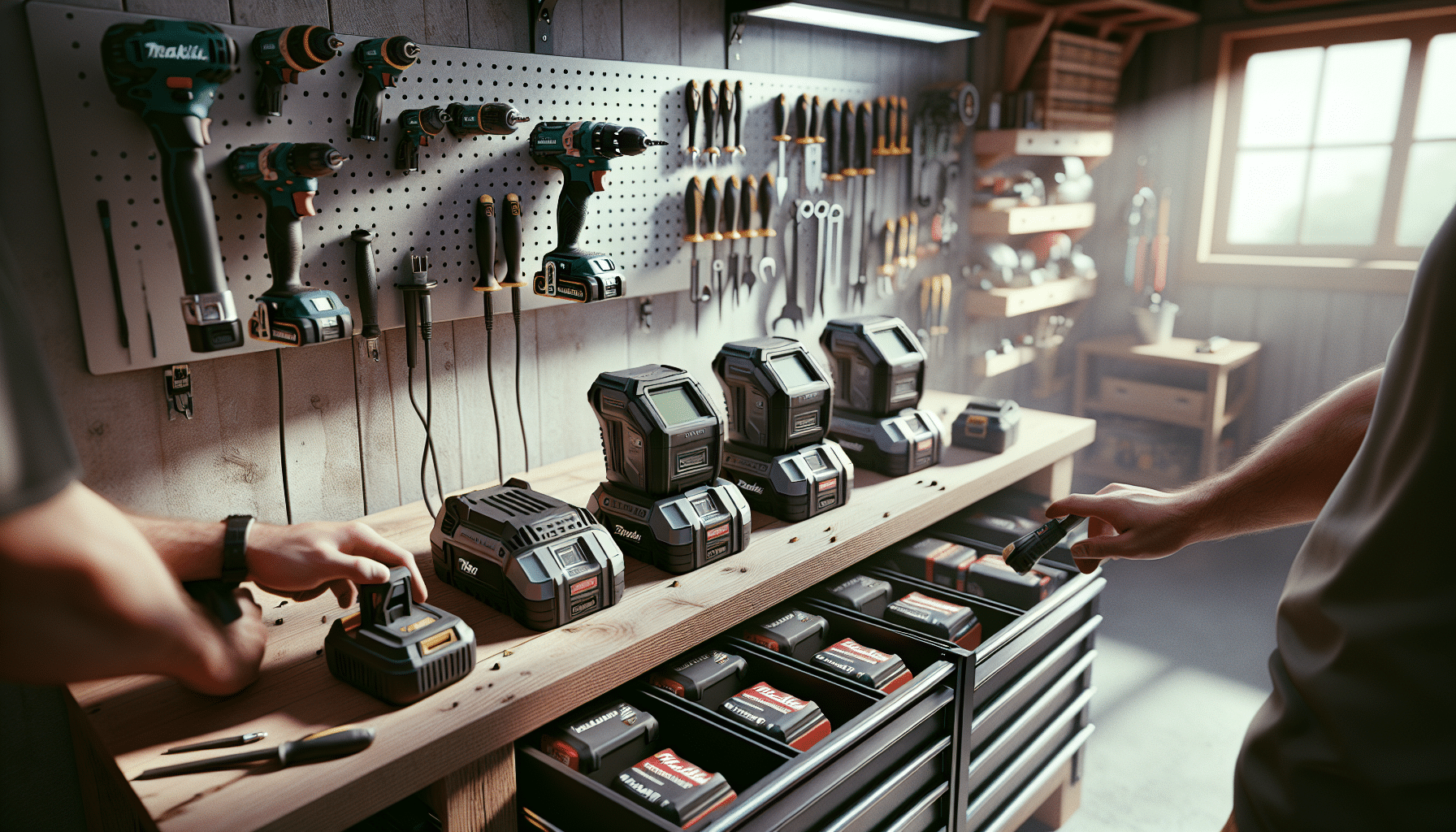 Side view of DIY fast charger workbench setup with tools and batteries in active use.