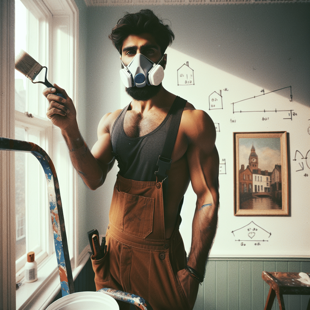 Professional painter wearing a reusable face mask UK, using the Torxup CoreMask indoors while decorating with comfort and protection.