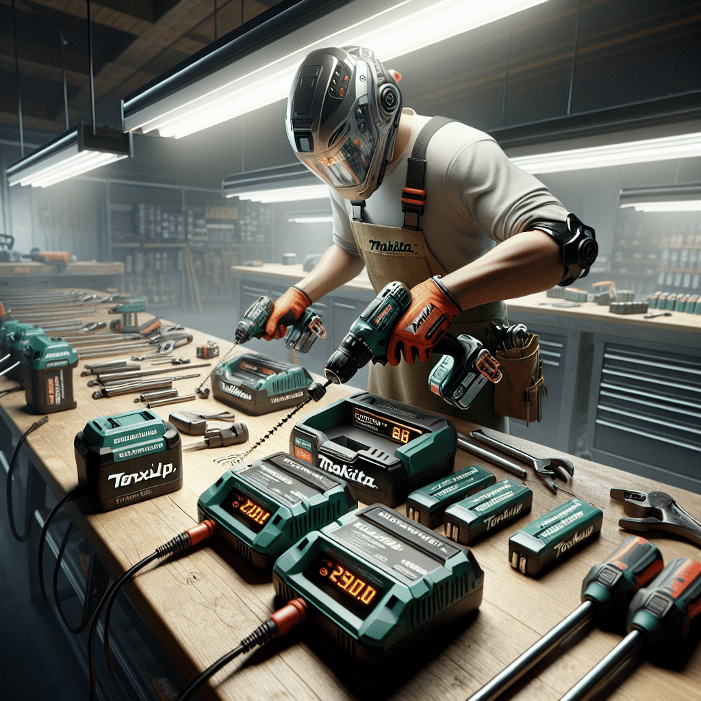 Technician hands swapping Makita-compatible batteries on Torxup rapid chargers in a tidy workshop to reduce tooling costs.