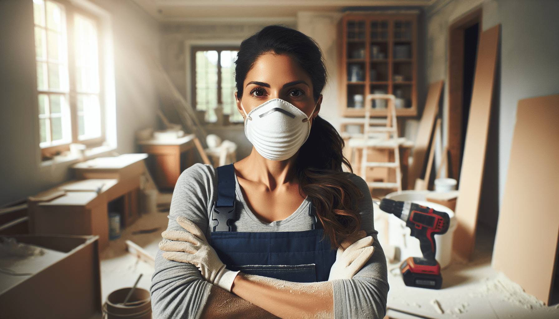 UK builder wearing a reusable dust mask during renovation, highlighting protection in dusty work environments.