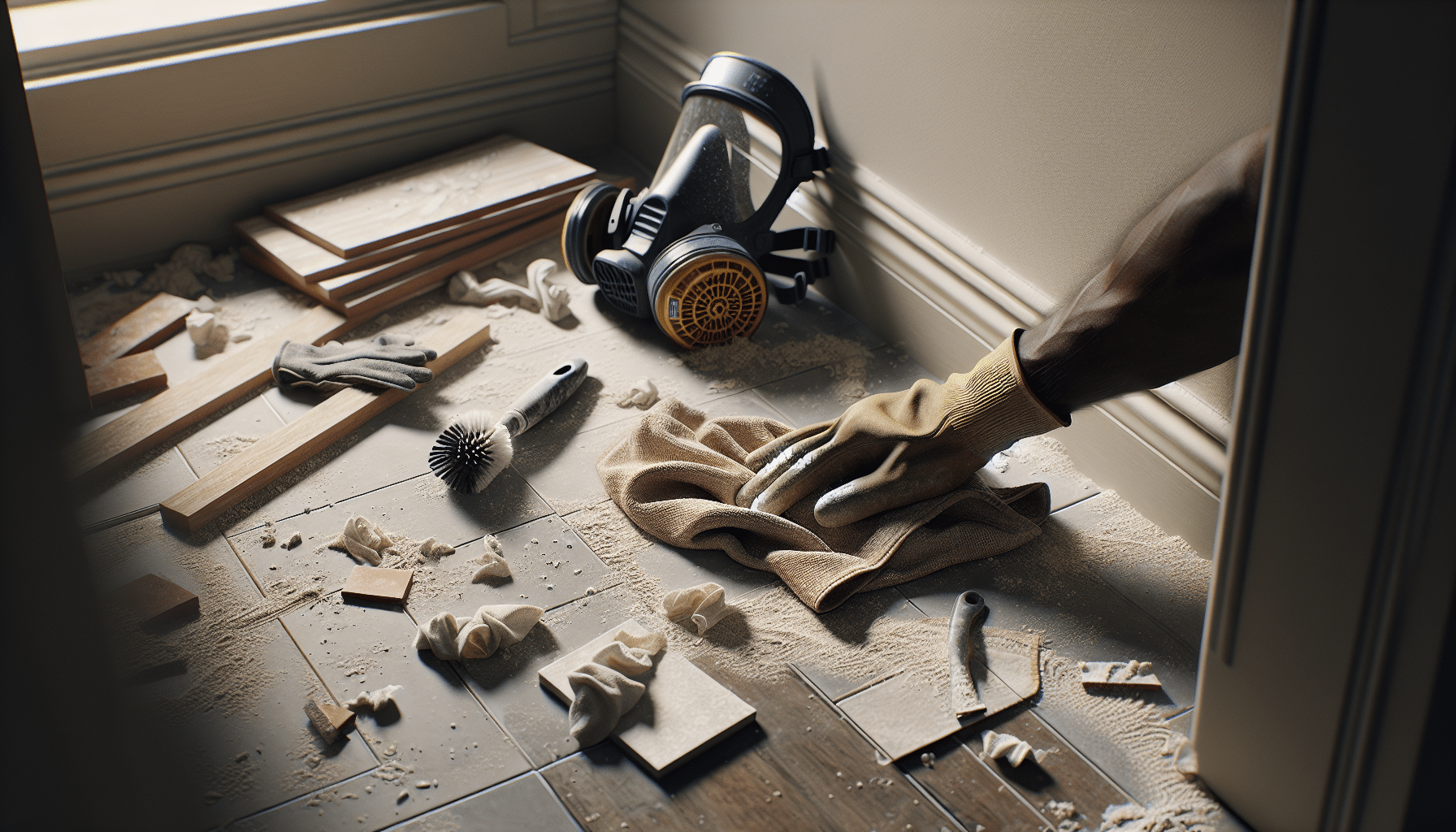 Corner of workshop floor being cleaned of timber, plaster and tile dust with FlowCore dust mask and cloth in view.