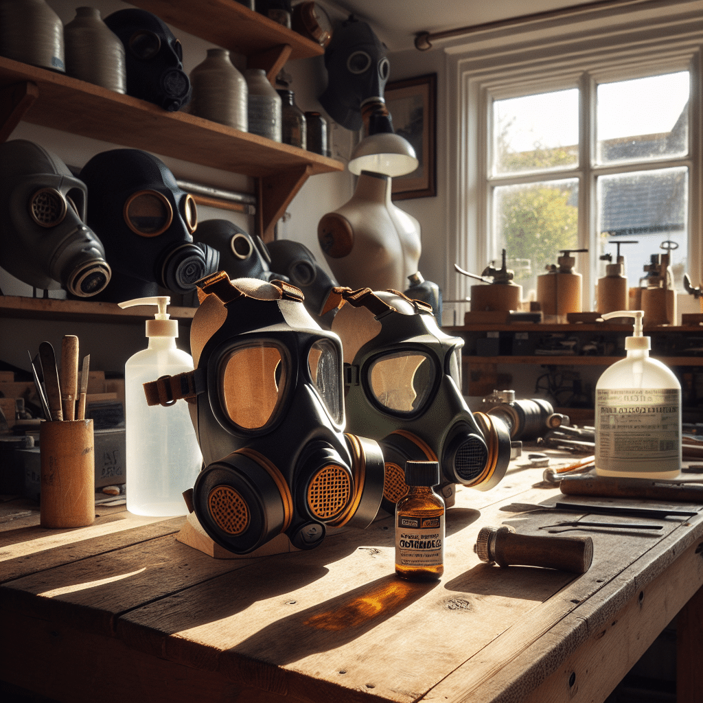 A resin fumes respirator comparison featuring ProDefend and CoreMask on a home workbench next to casting resin.