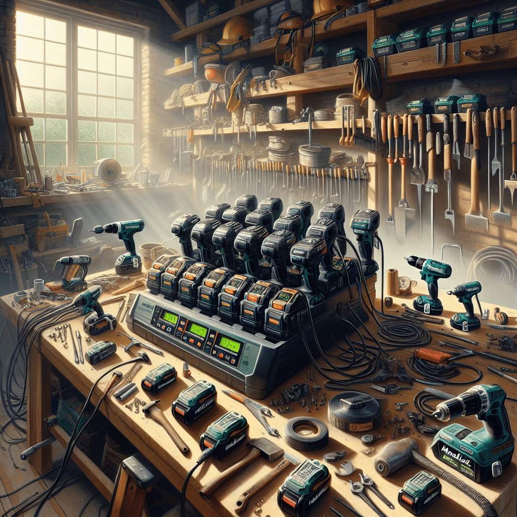 A makita fast charger setup showing the VoltGuard 6500 charging multiple Makita batteries in a clean UK workshop inset with visible indicators.