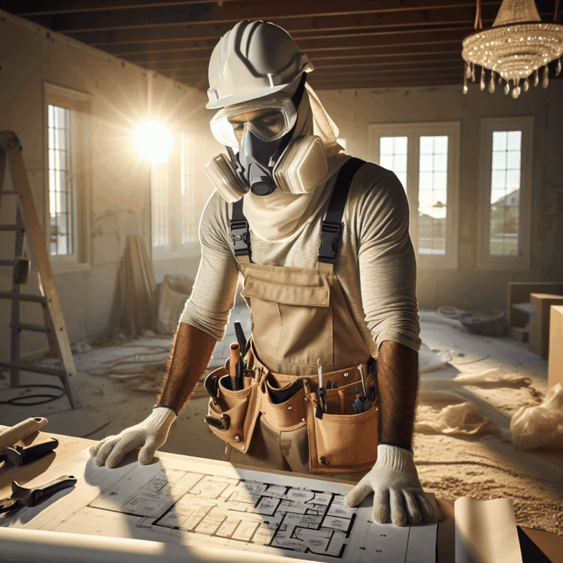 Home renovator wearing home renovation ppe including CoreMask, safety goggles, gloves, and hard hat during an indoor project.
