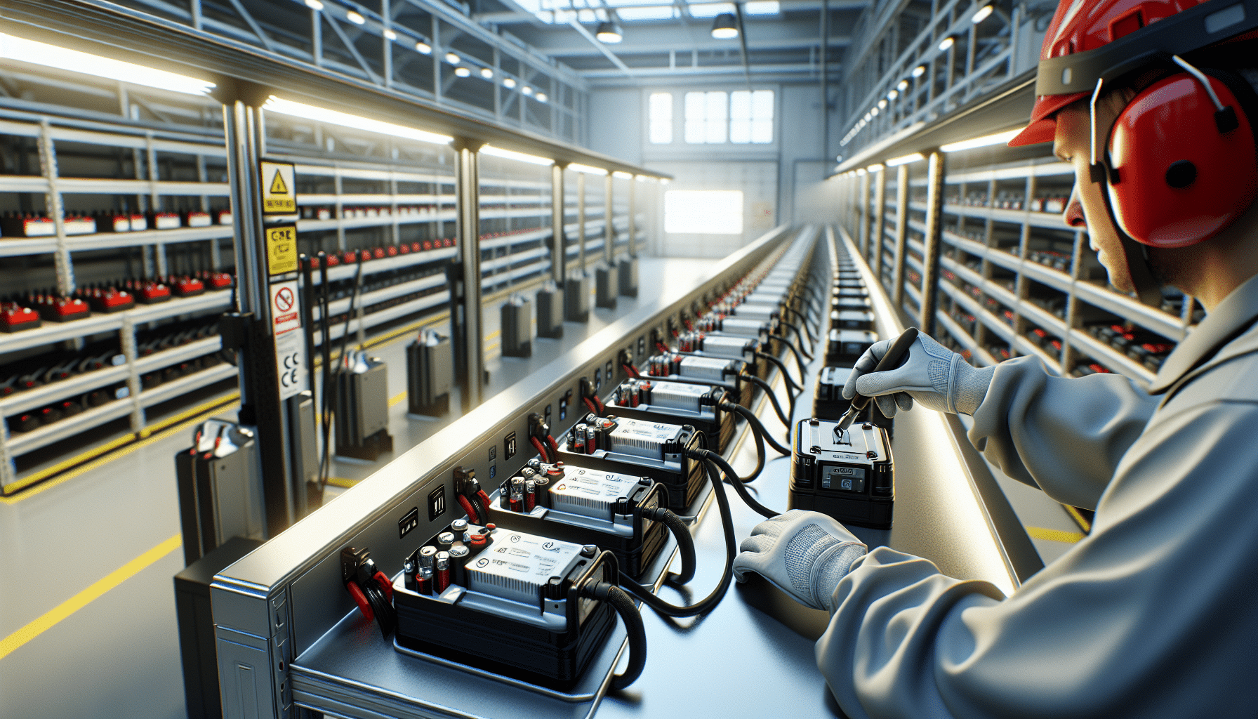 Hands safely connecting batteries to CE-certified chargers in a structured UK workshop environment with clear charging zones.