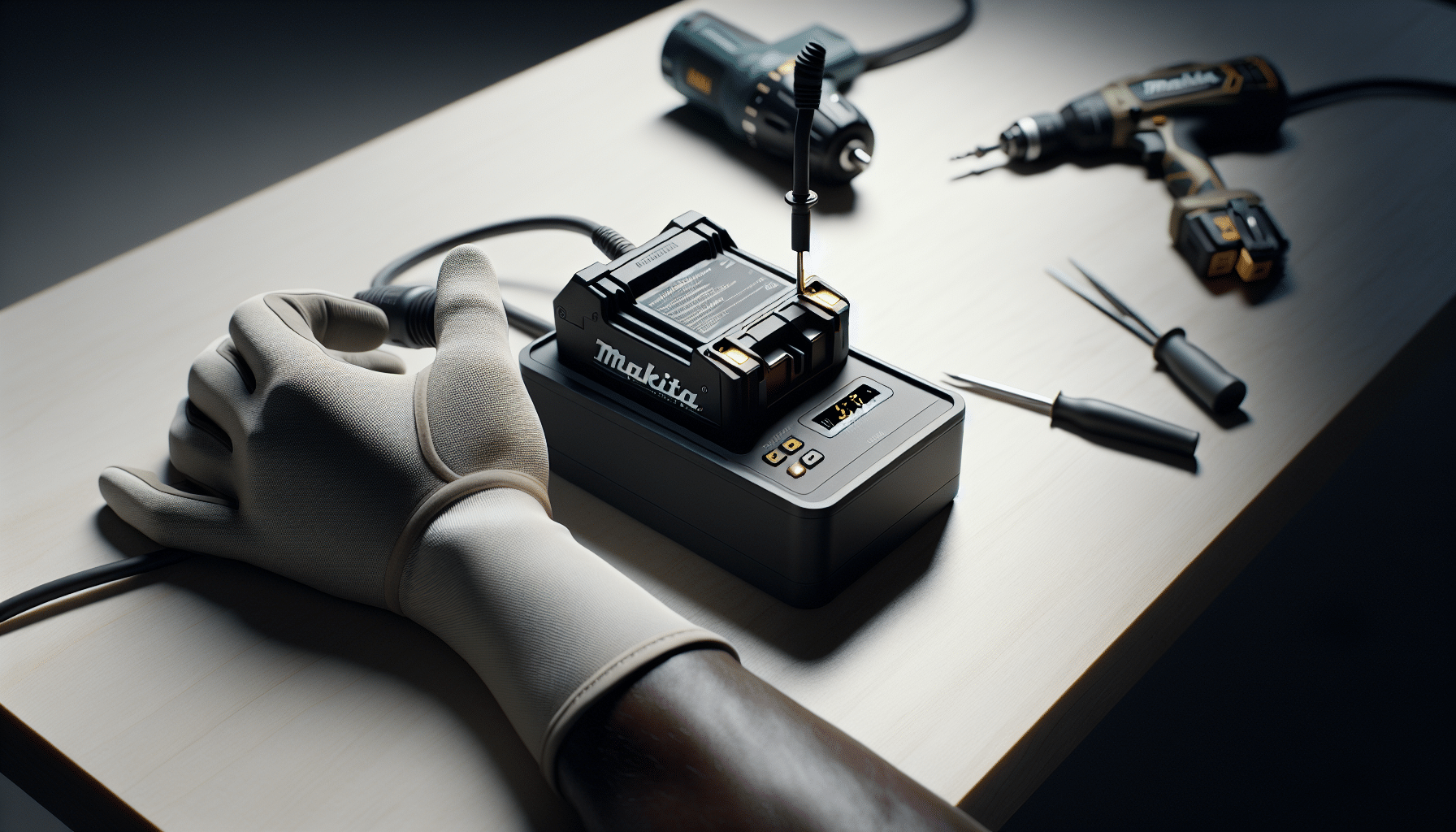 A modern Makita-compatible charger showing active protection features during battery removal.