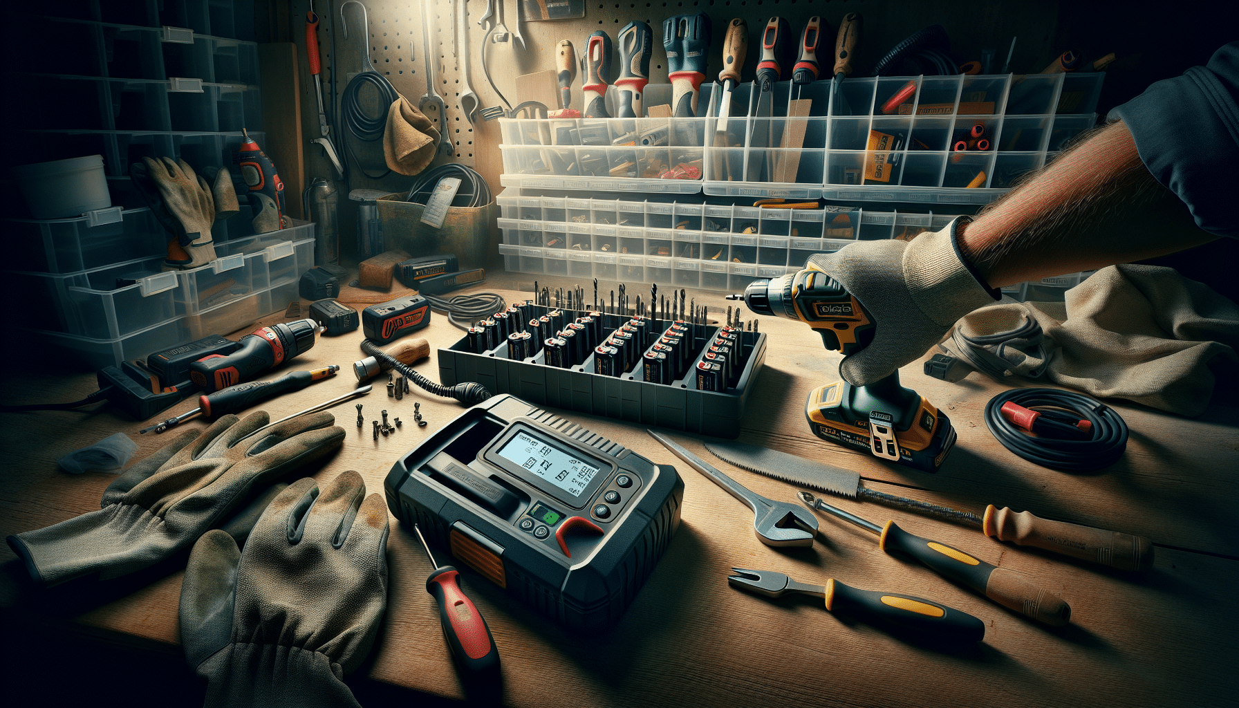 Smart charger tracking real-time battery data in a UK pro tool workshop setup from overhead view.