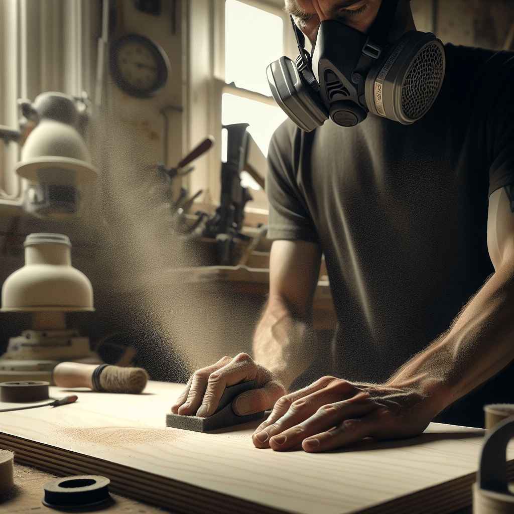 Craftsman sanding MDF in a British workshop wearing a reusable dust mask UK (Torxup CoreMask) with visible airborne particles.
