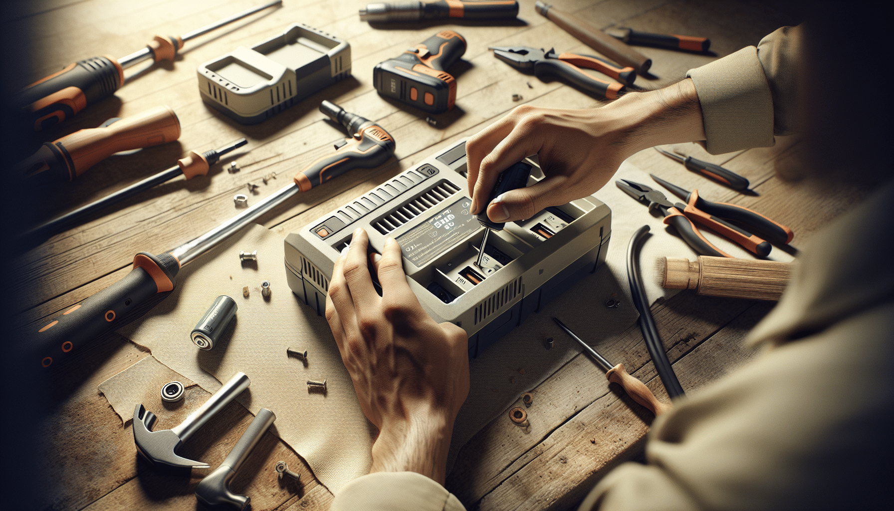 User adjusts battery on Makita-compatible smart charger, showing safe charging and battery health features.