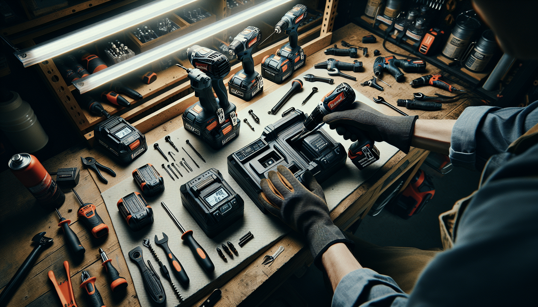 6.5A charger setup on jobsite workbench with batteries and tools in active use, emphasizing fast charging in high-volume environments.