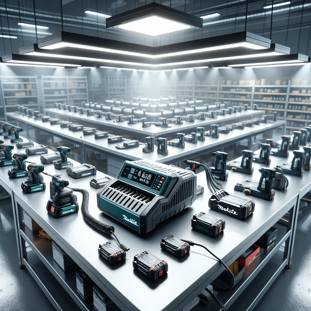Makita-compatible site charger setup in a clean workshop environment with organized batteries and cables.