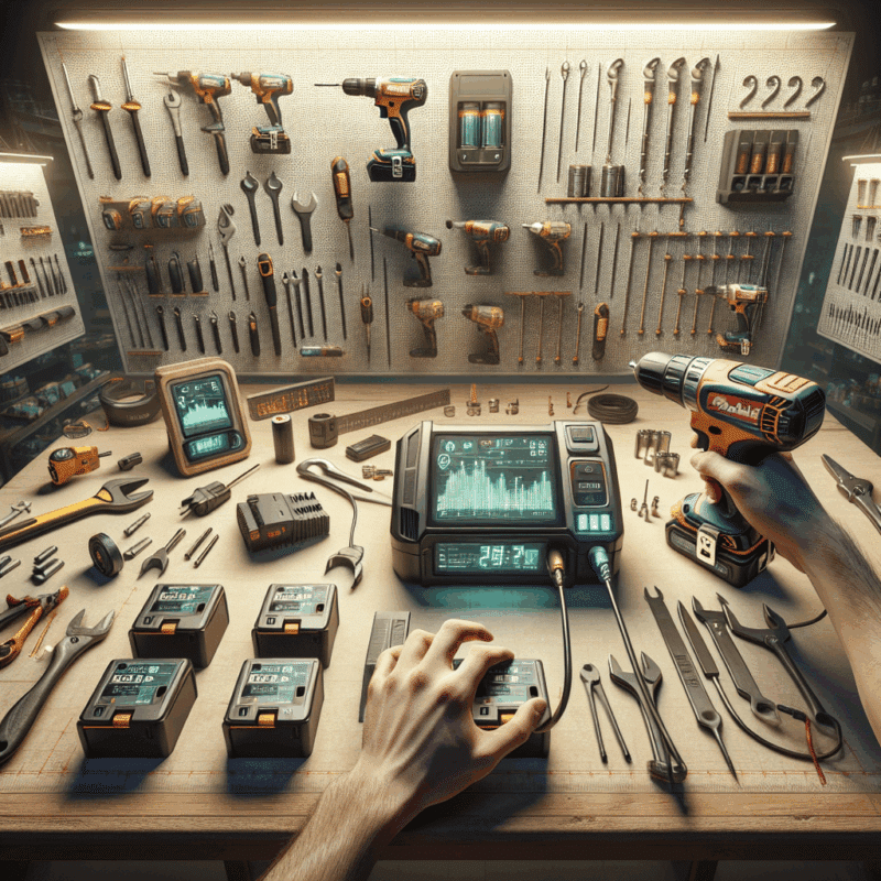 Smart charger benefits shown as Makita-compatible batteries charge with clear digital indicators in an organised workshop.