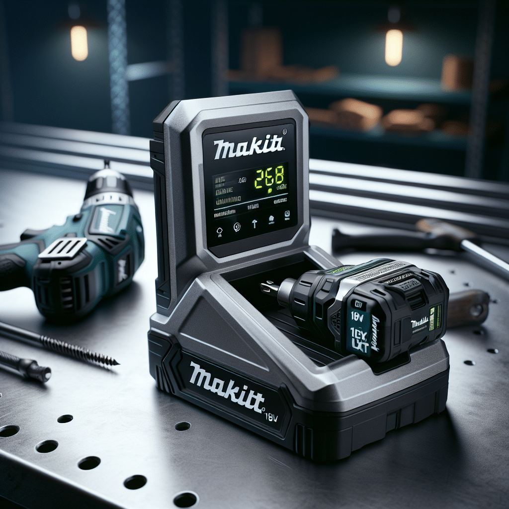 A smart LCD charger Makita connected to a battery, showing real-time charge status on a metallic workbench near a power tool.