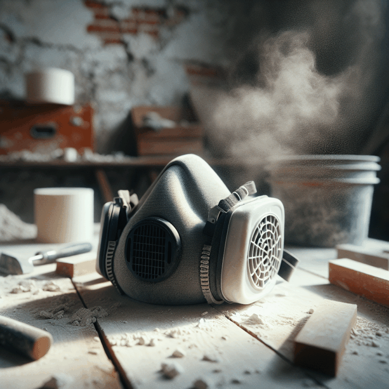 Close-up of a workshop dust mask with FlowCore filter on a DIY bench covered in plaster and tile dust.
