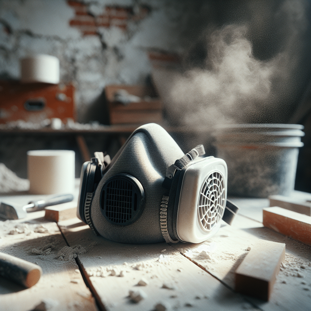 Close-up of a workshop dust mask with FlowCore filter on a DIY bench covered in plaster and tile dust.