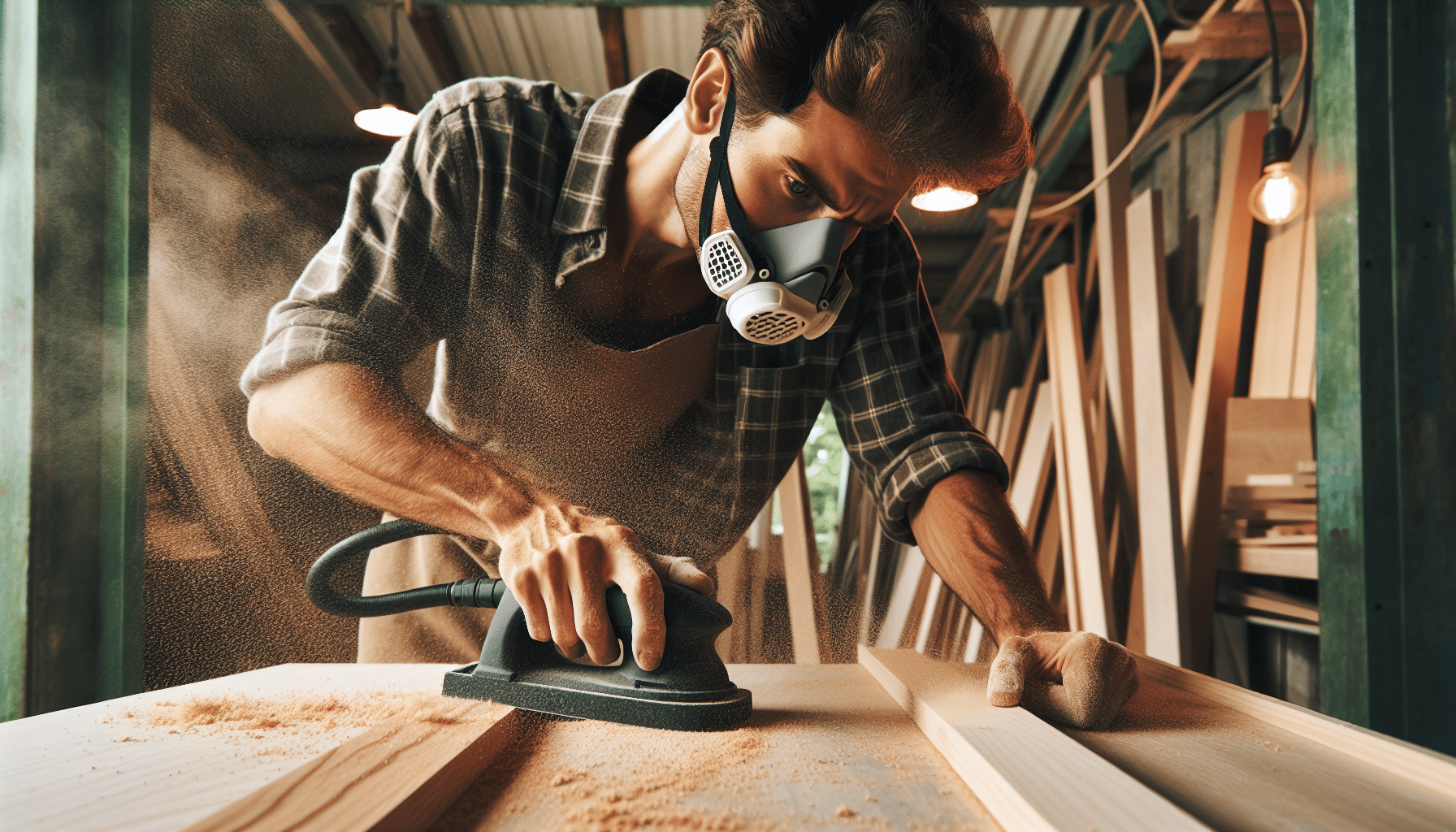 Workshop user adjusts Torxup FlowCore dust mask while sanding wood, showing proper fit during UK DIY use.