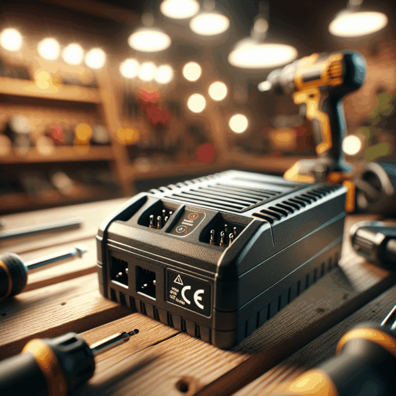 A Makita compatible charger placed on a craftsman's bench, clearly showing CE mark, vents, and status lights for safety compliance.