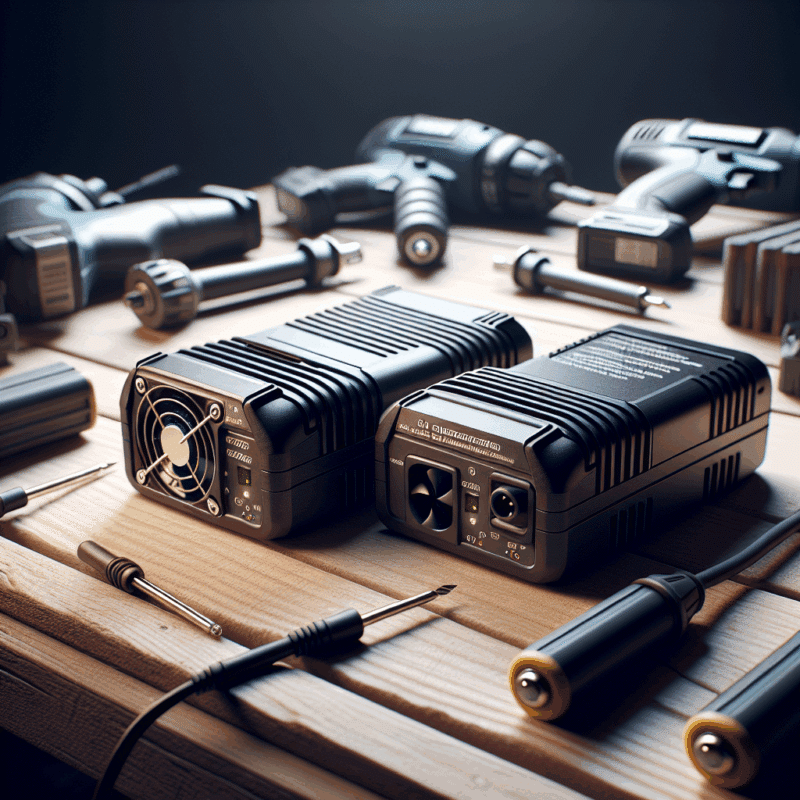 Comparison of Makita charger cooling methods showing passive vents versus internal cooling fan with airflow indicators on a workbench.