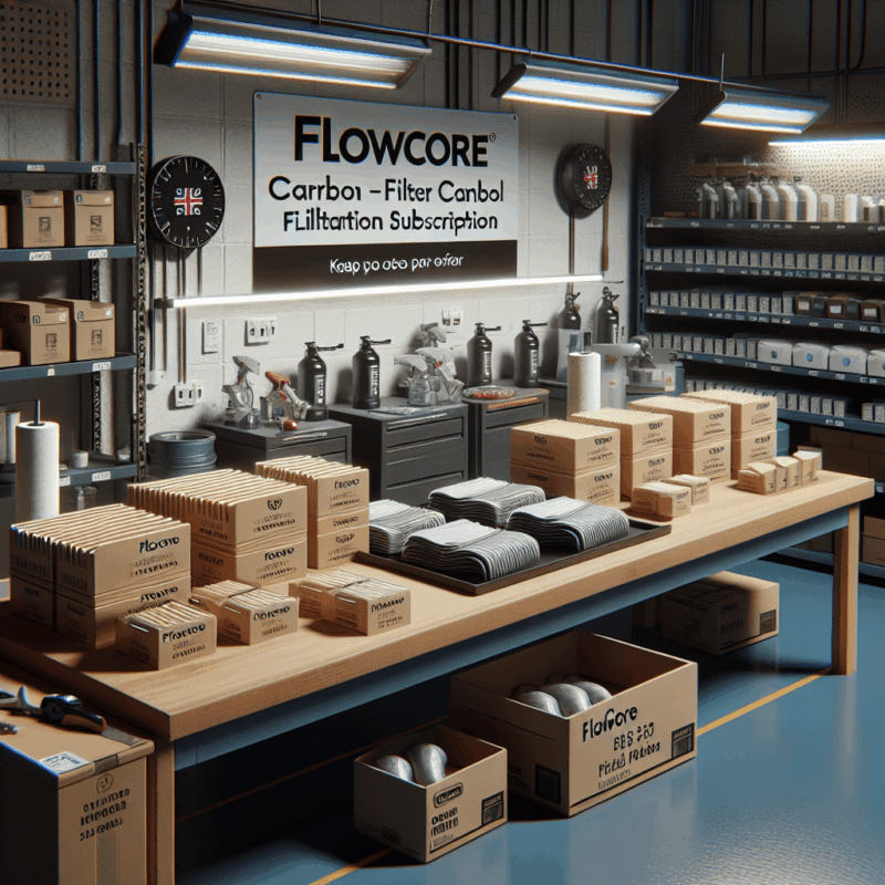 Workshop bench with FlowCore and carbon filter boxes for a filter cost comparison UK, showing mask packaging and prices.