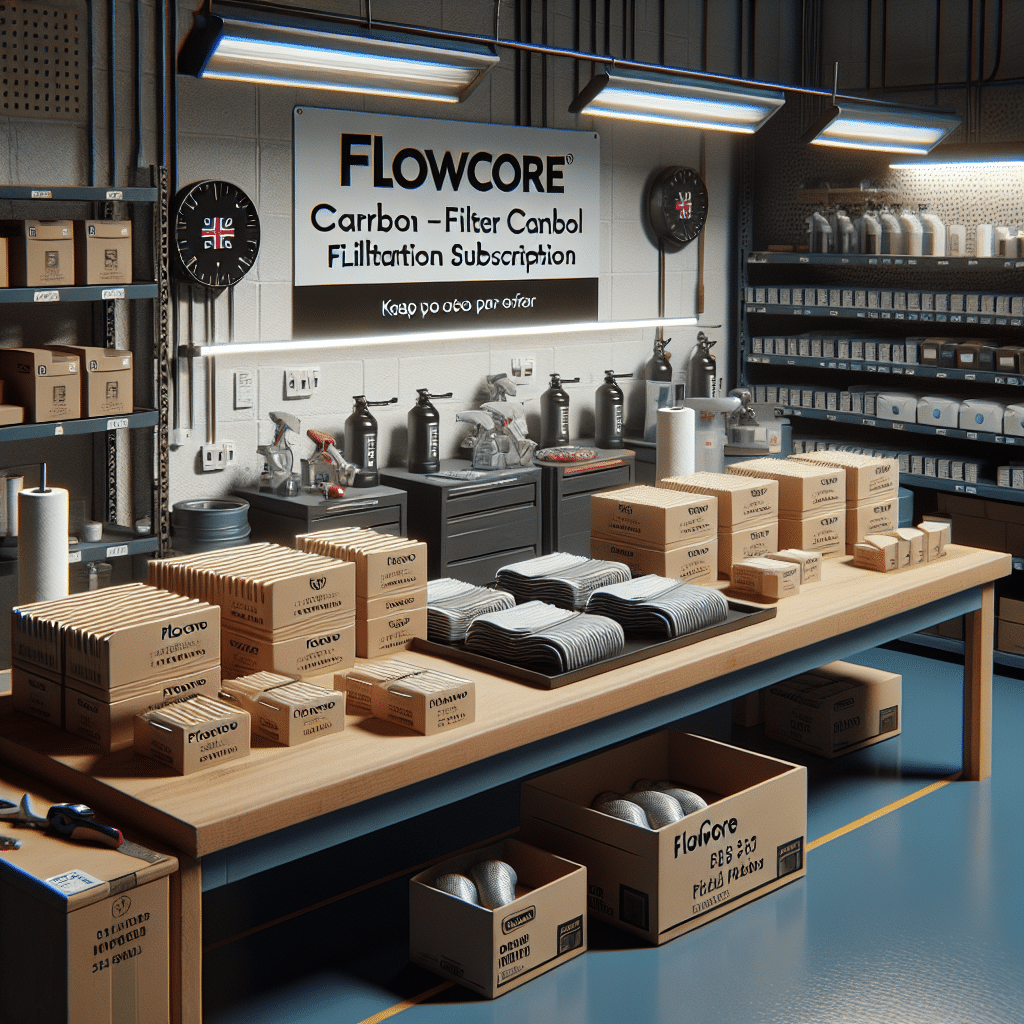 Workshop bench with FlowCore and carbon filter boxes for a filter cost comparison UK, showing mask packaging and prices.