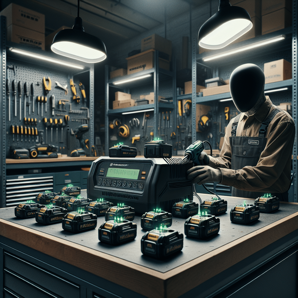 VoltGuard 6500 charging Makita 18V batteries on a workshop bench with LED indicators and technician interaction.