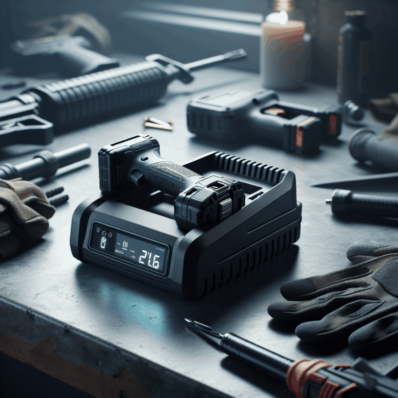 Smart charger with digital display and safety lights on a UK workshop bench, promoting smart charger safety for tools and batteries.