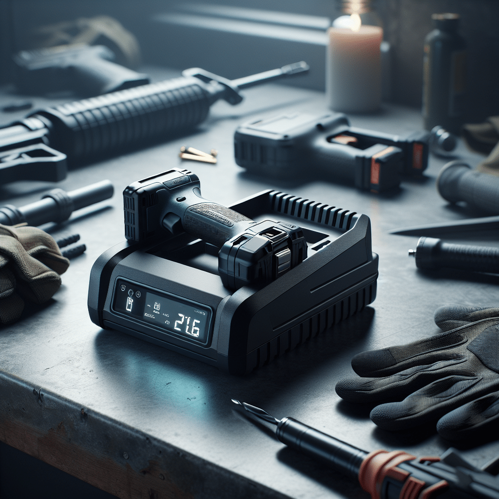 Smart charger with digital display and safety lights on a UK workshop bench, promoting smart charger safety for tools and batteries.