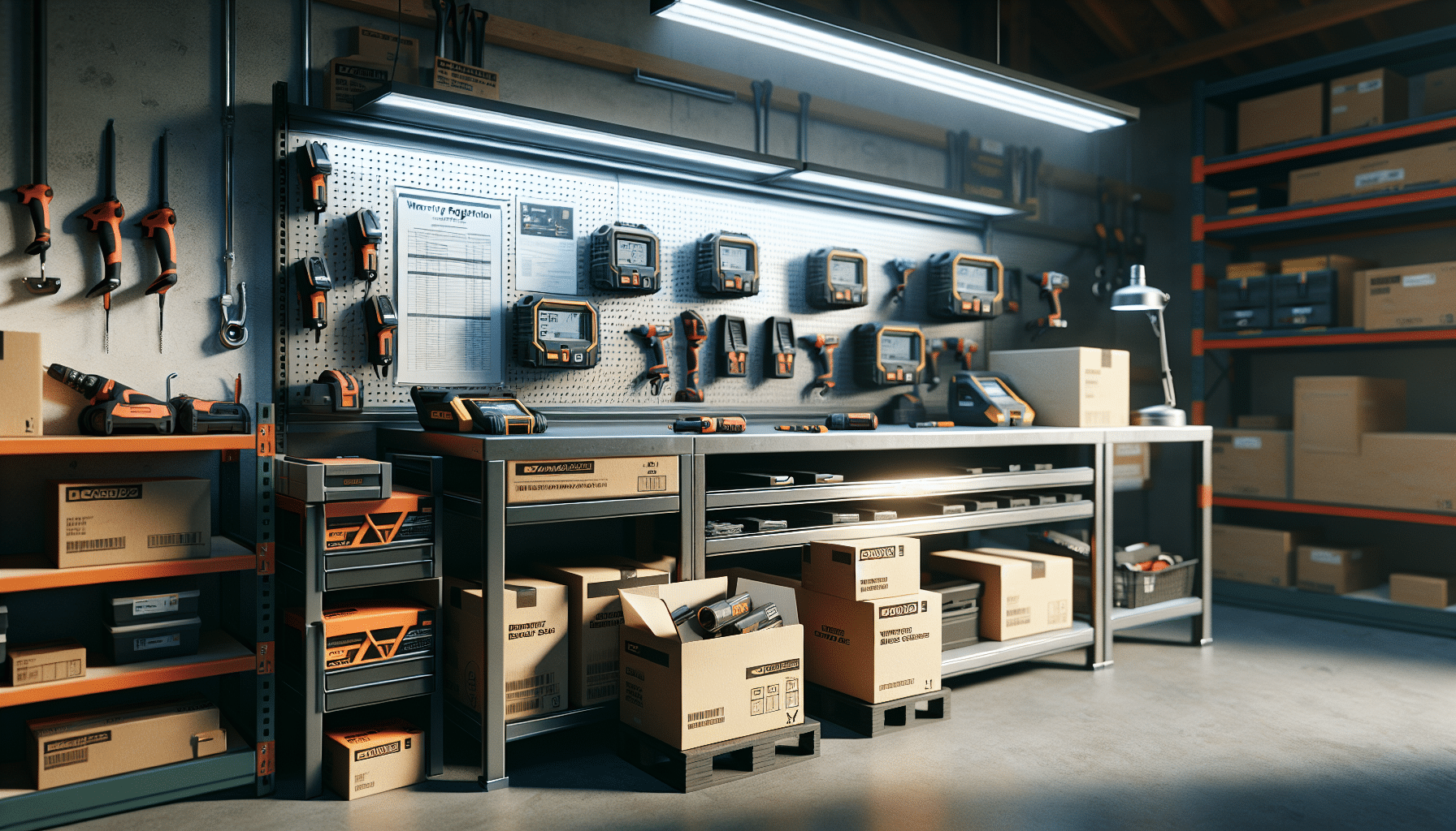 Warranty support tools and charger packaging on display in trade workshop for third-party charger comparison use.