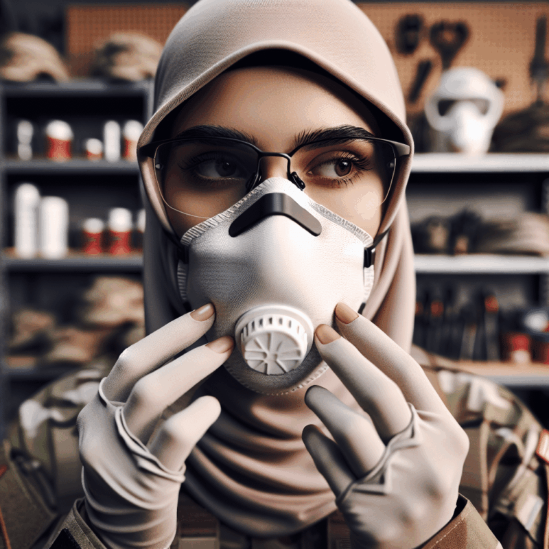 Person wearing the best mask for glasses wearers in a workshop, glasses clearly fog-free while adjusting the face mask.