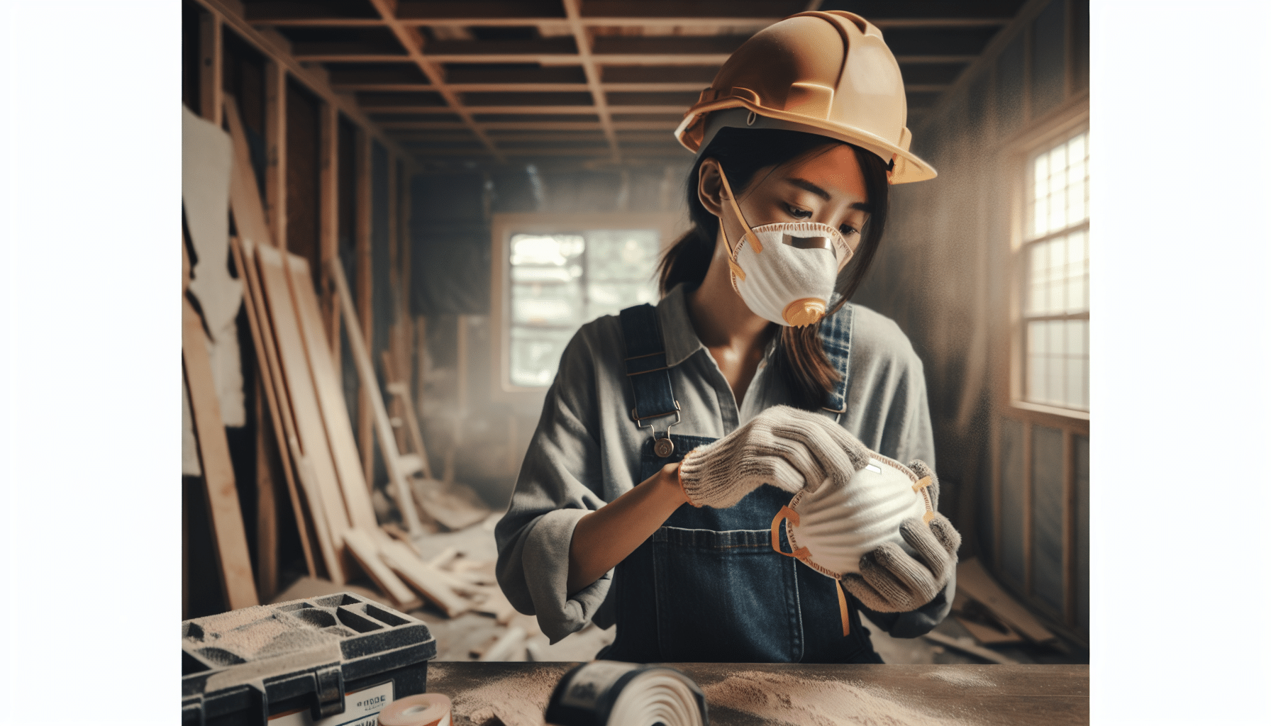 UK tradesperson fitting a replaceable filter face mask during a home renovation project.