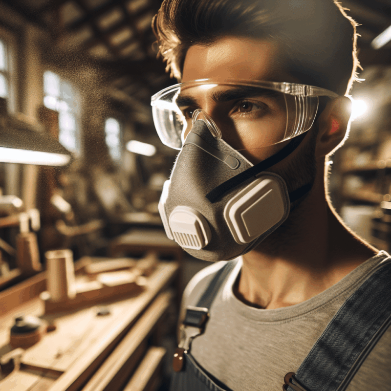 Man wearing reusable dust mask with clear, fog-free glasses at workbench, showing how to stop glasses fogging.