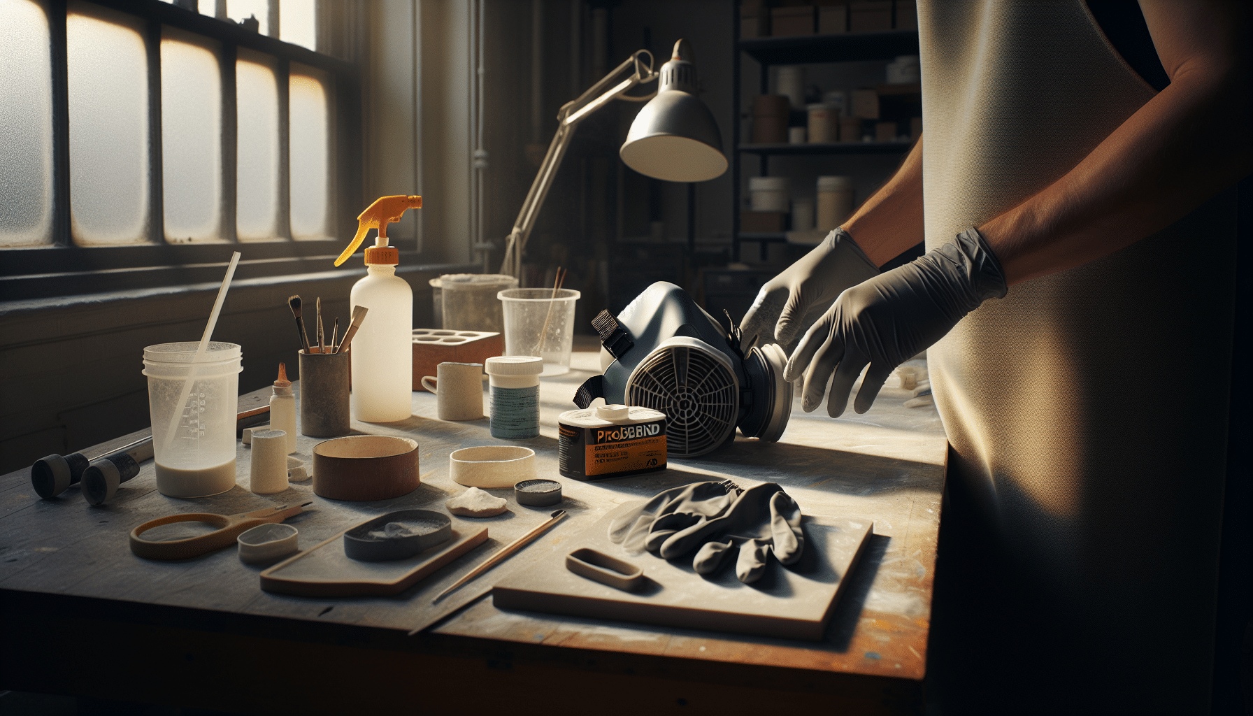 Side view of workstation showing hands adjusting ProDefend filter to check for odour breakthrough during resin project.