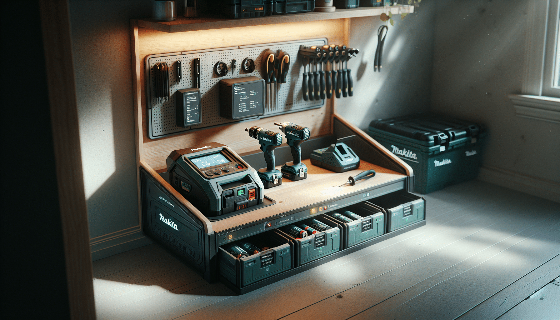 Organised smart charging station with Makita-compatible battery showing safe and efficient battery cost reduction setup.
