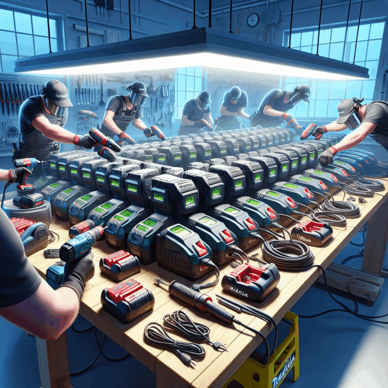 A professional rapid charging setup with Makita-compatible chargers neatly spaced across a workshop bench to ensure safety and airflow.