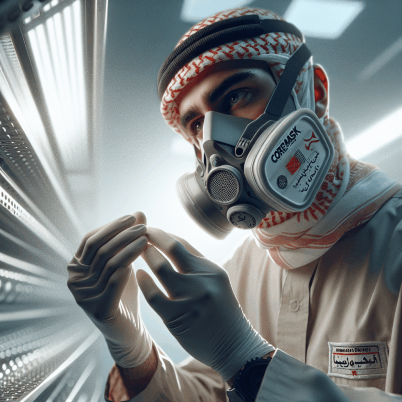 A person demonstrating mask leak prevention by adjusting the CoreMask straps in a clean workshop environment.