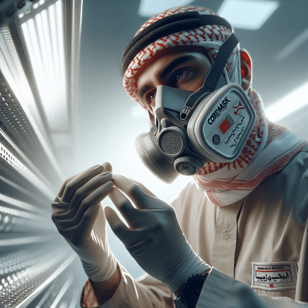 A person demonstrating mask leak prevention by adjusting the CoreMask straps in a clean workshop environment.