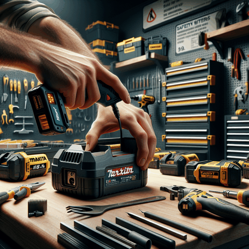 Hands switching from a Makita charger to a VoltGuard unit on a clean workbench with 18V LXT batteries, demonstrating VoltGuard compatibility.