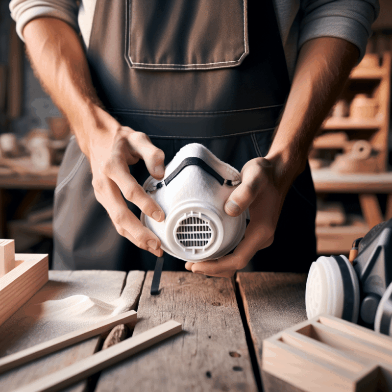 A fast dust mask filter swap in progress, showing hands replacing a white FlowCore filter on a ProDefend Torxup mask at a workbench.