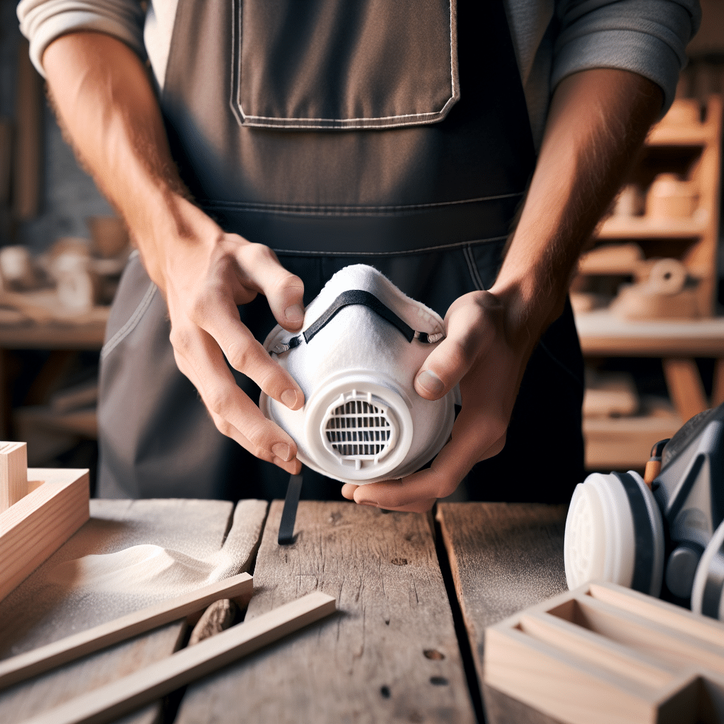 A fast dust mask filter swap in progress, showing hands replacing a white FlowCore filter on a ProDefend Torxup mask at a workbench.