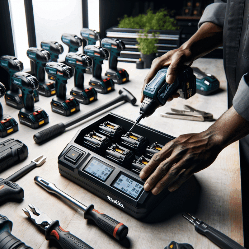 Makita battery charging setup with multiple battery sizes on a smart multi-bay fast charger in a pro workshop.