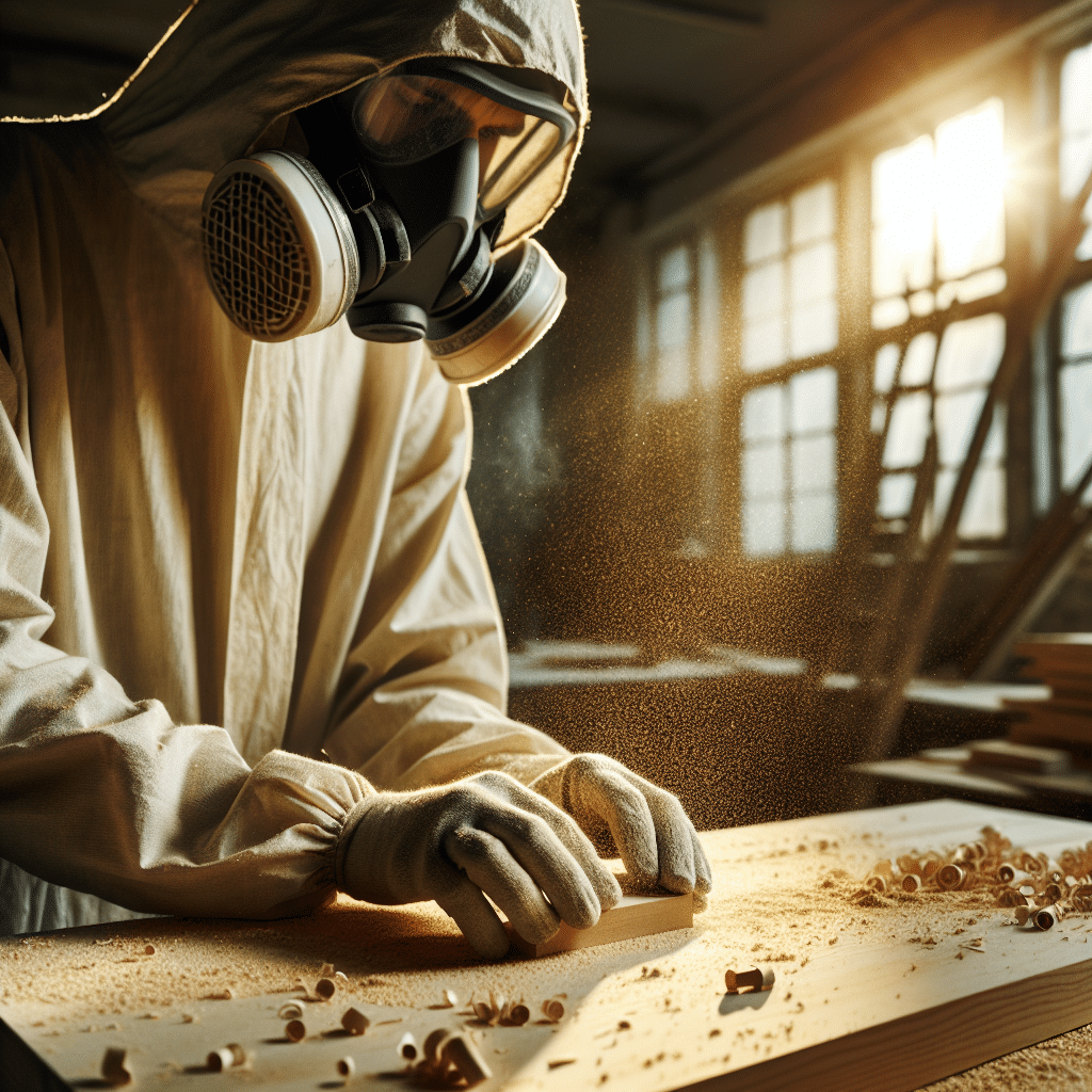 DIY user sanding timber indoors with a respirator, demonstrating timber sanding masks and protective gear effectiveness.