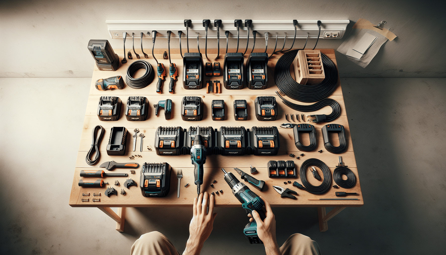 Overhead view of a Makita charging bench showing battery groupings, charger spacing, clean cables, and battery insertion in progress.