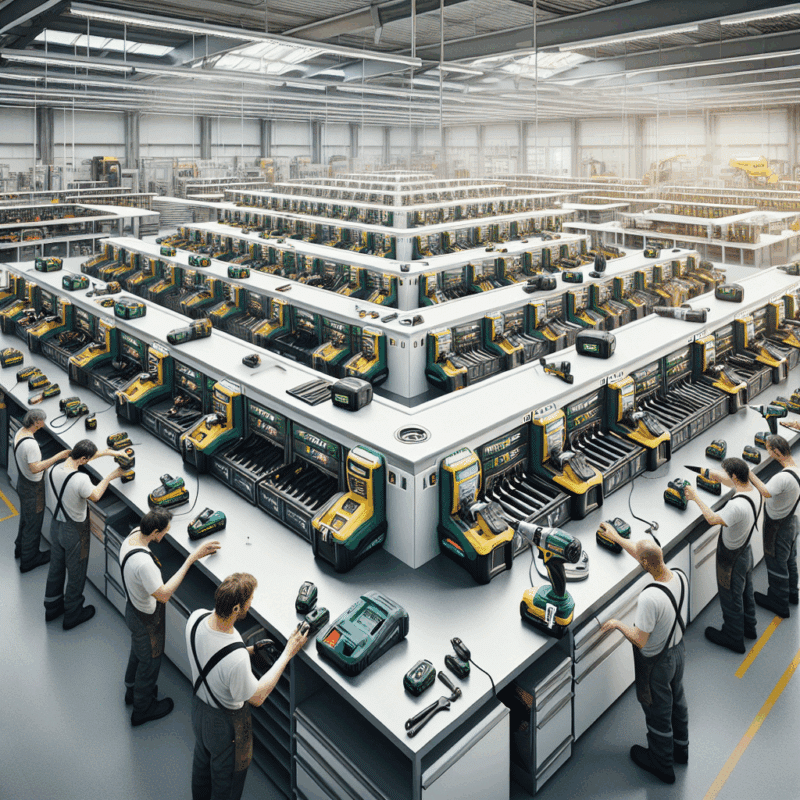 Clean UK workshop with Makita-compatible chargers actively charging batteries to prevent unplanned downtime during shift work.