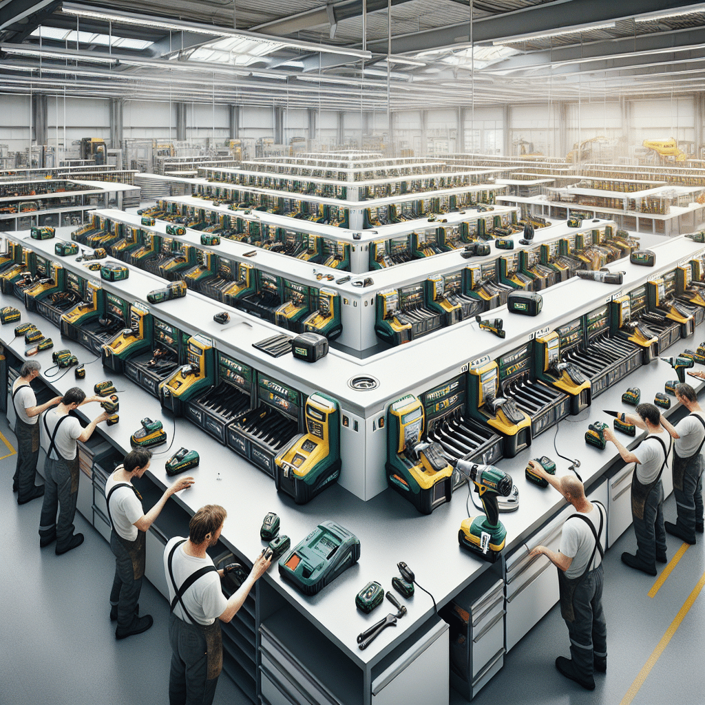 Clean UK workshop with Makita-compatible chargers actively charging batteries to prevent unplanned downtime during shift work.