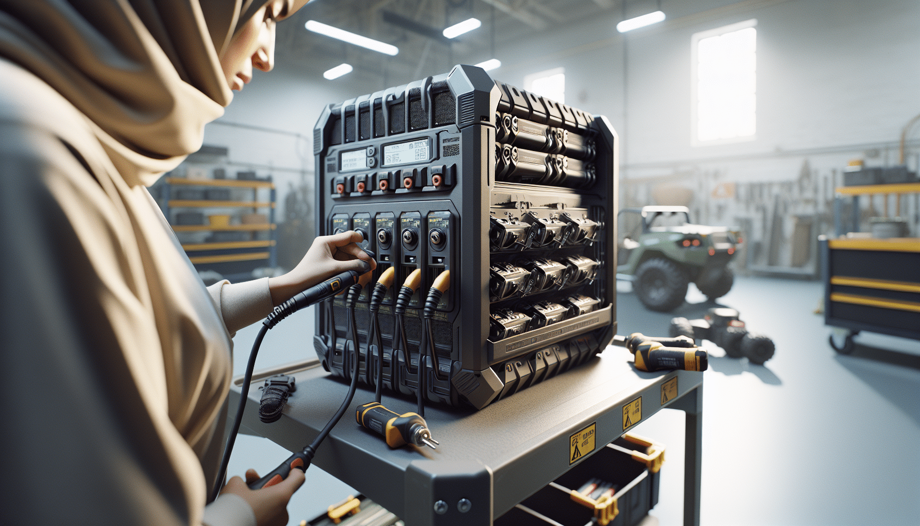 Technician removes a charged battery from a mobile multi-bay charger while others are still charging in a workshop setting.