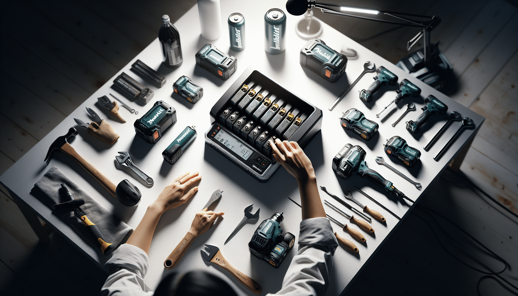 Overhead view of Makita multi-bay charger with mixed batteries showing active charge states.