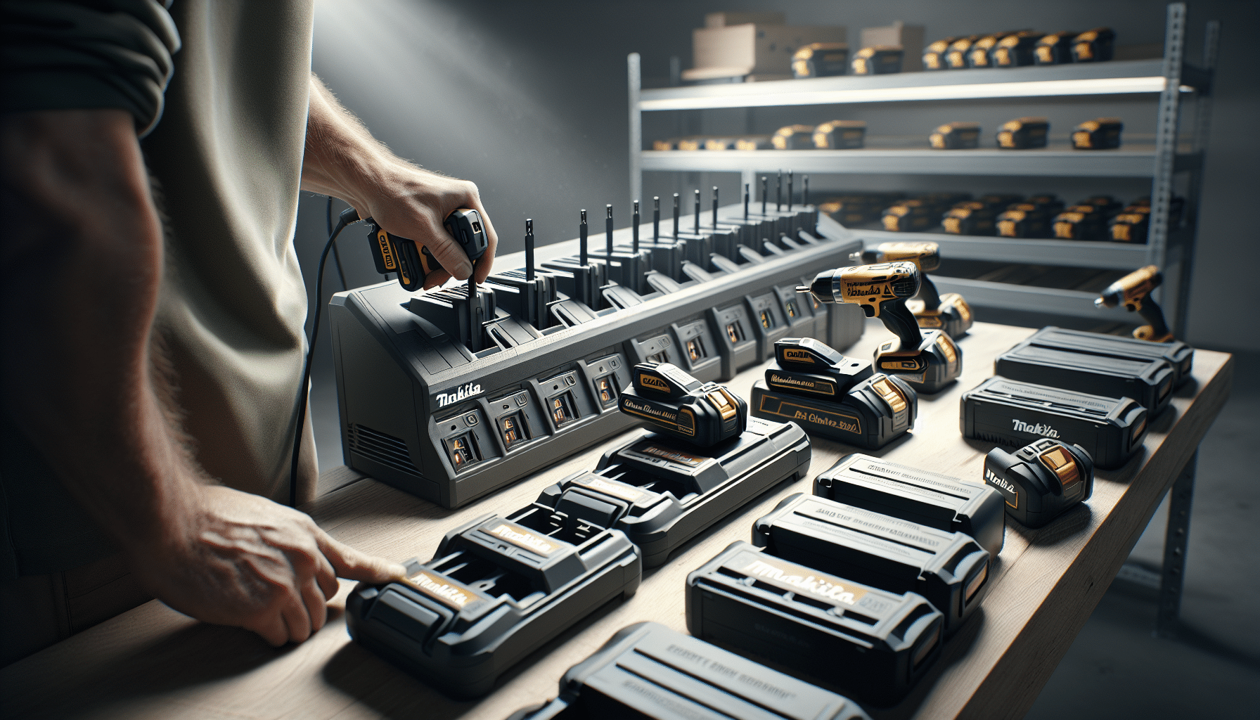 Close-up of labelled Makita-compatible fast chargers maintaining tool power to prevent downtime.