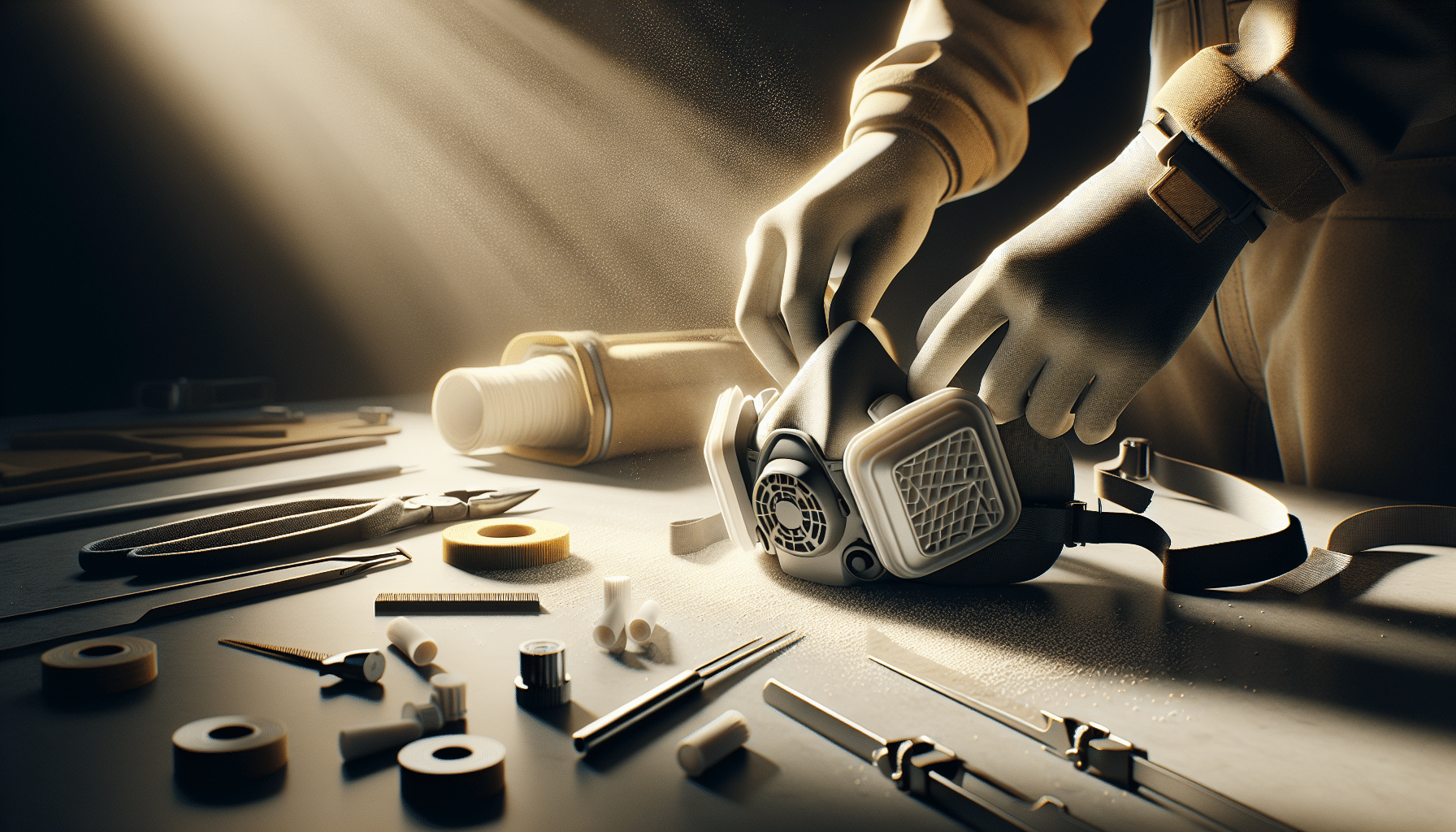 Top-down view of a CoreMask respirator being adjusted on a workbench for better mask leak prevention.