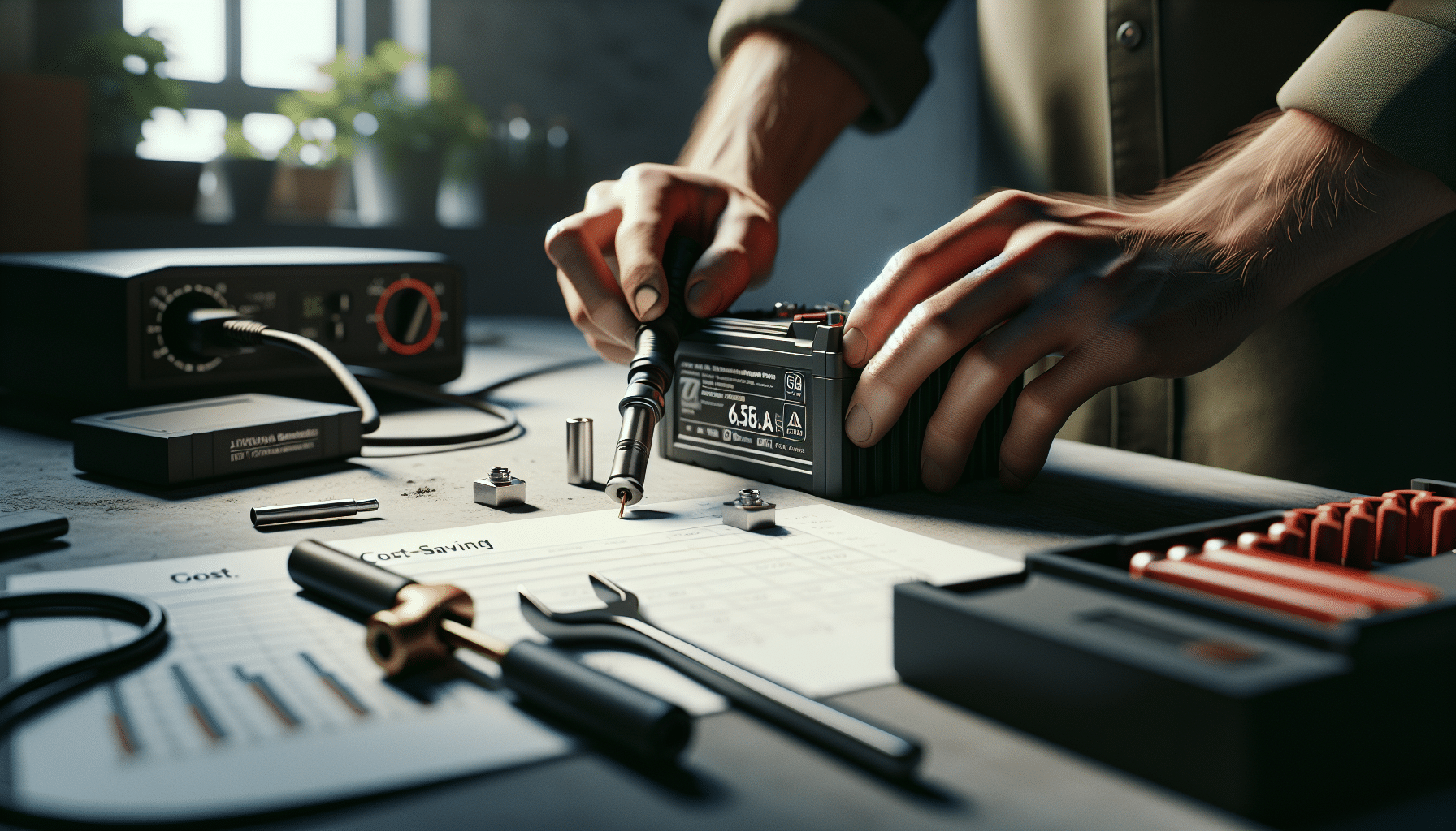 Hands using a 6.5A charger for a Makita battery showing data overlays of cost and time savings during workshop charging.