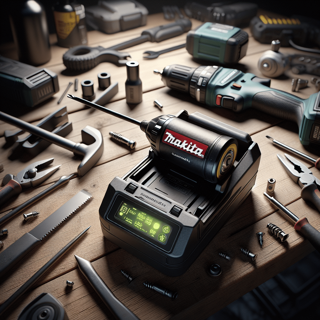 Smart charger improving battery cost reduction by intelligently charging a Makita-compatible battery on workbench.